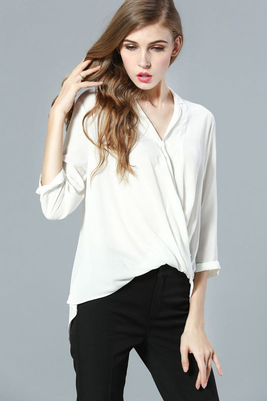 Scoop V Neck Hollow-out  Back  Cross  Loose Blouse - NJOYDRESS - 1