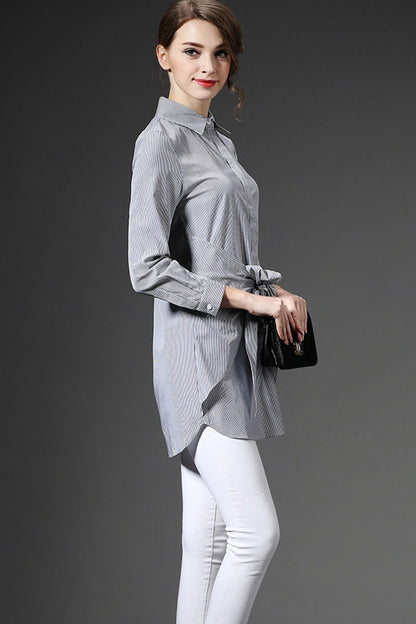 Roll Collar Stripe Line Print Bowknot Patchwork Irregular Shirt - NJOYDRESS - 2