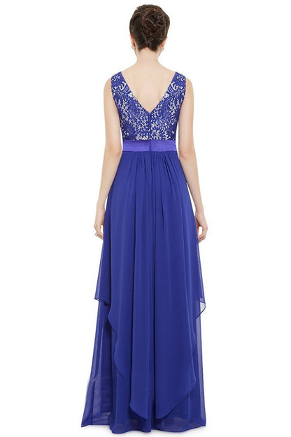 Round Collar Lace Applique Empire Waist Backless Flare Hem Tulle Gown Dress