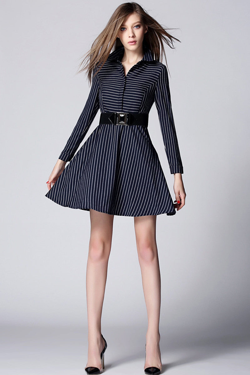 Women's Slim Stripe Dress Long Sleeve Polo Neck Dress