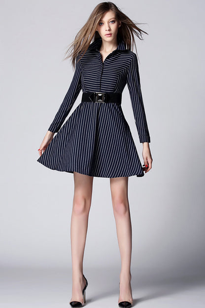 Women's Slim Stripe Dress Long Sleeve Polo Neck Dress