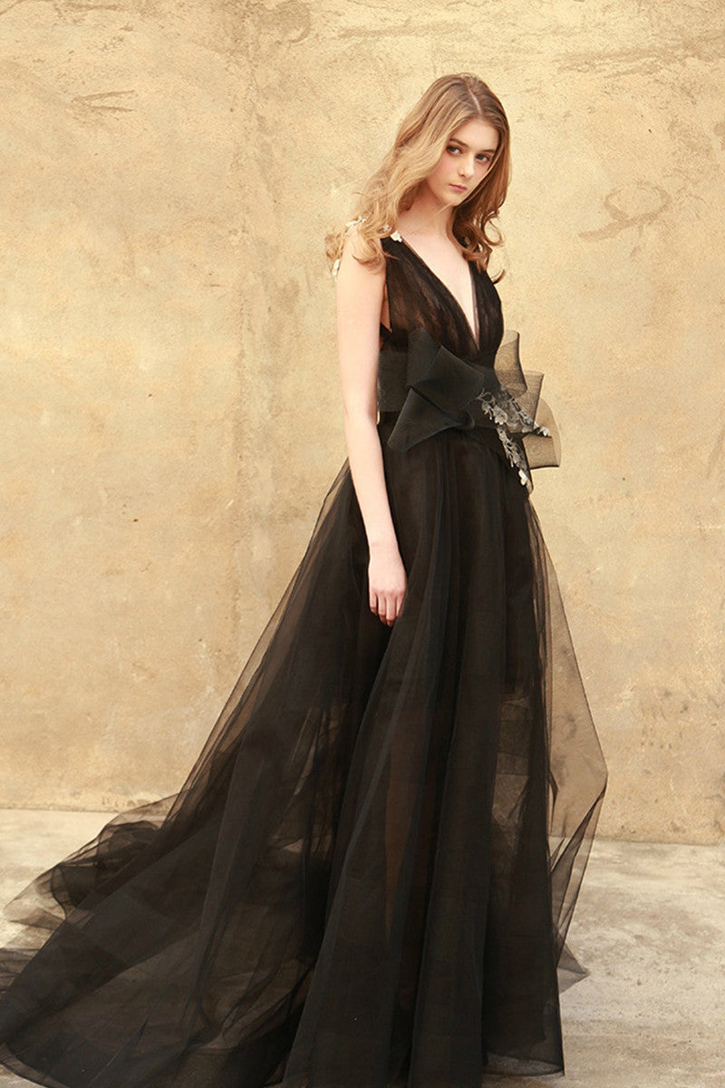 Deep V Neck Open Back Tulle Overlay Floor Length Gown Dress
