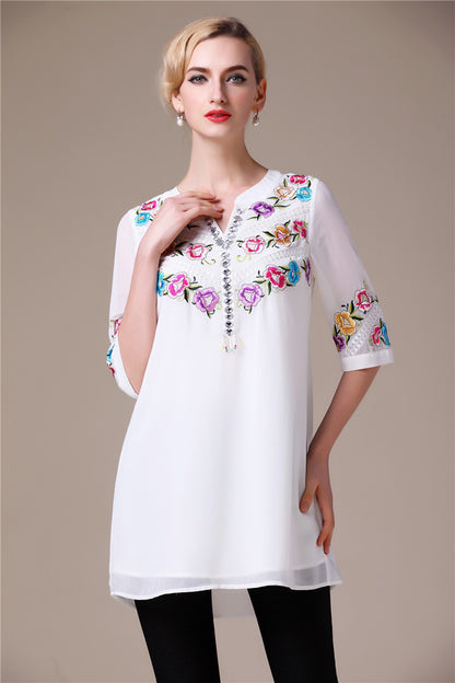 V Neck Embroidery Vintige Short T-shirt