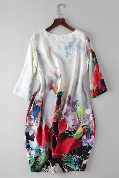 FLOWER PRINTING LOOSE CASUAL WEAR TO WORK HALF SLEEVE DRESS