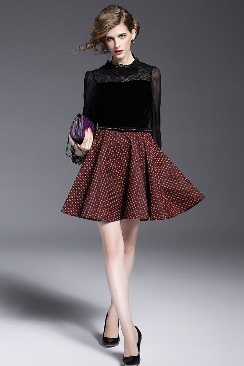 Lace Neck See Through Chiffon Sleeve Swing Dress With Belt - NJOYDRESS - 1