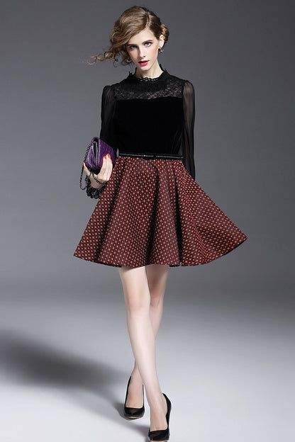 Lace Neck See Through Chiffon Sleeve Swing Dress With Belt - NJOYDRESS - 1