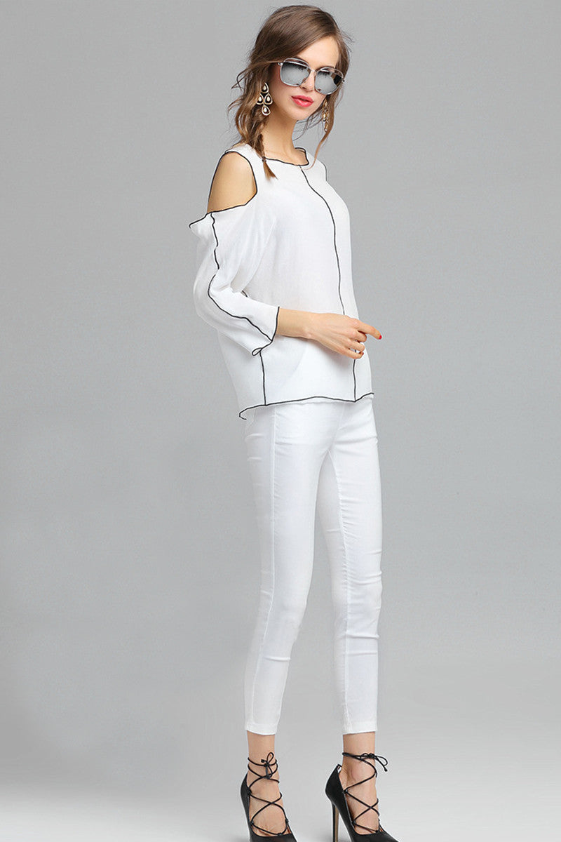 Casual Loose Round Neck Hollow-Out Sleeve Patch Top