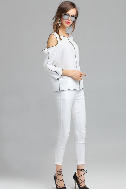 Casual Loose Round Neck Hollow-Out Sleeve Patch Top