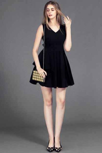 Casual V Neck Sleeve Skater Fit Pleated Skirt
