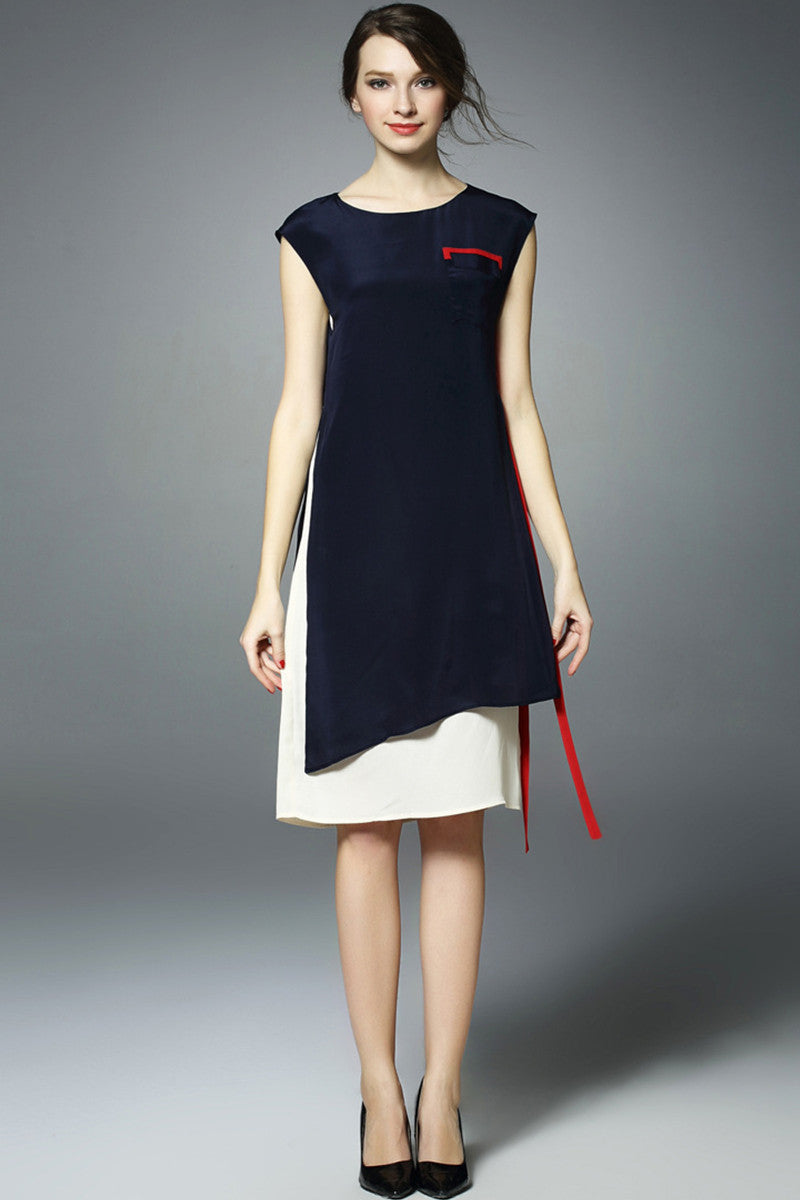 Round Collar Side Slit Irregular Dress