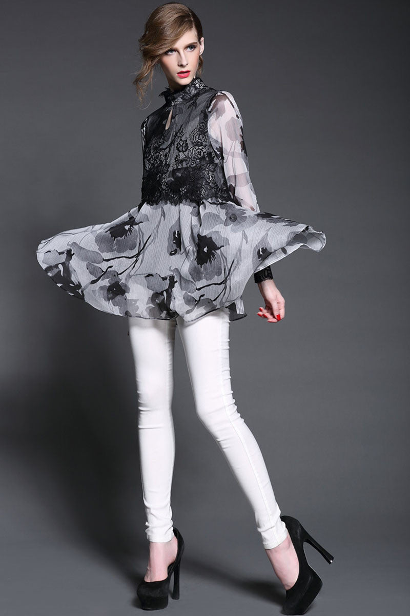 Gray Floral Printing Long Shirts With Lace Layer - NJOYDRESS - 2