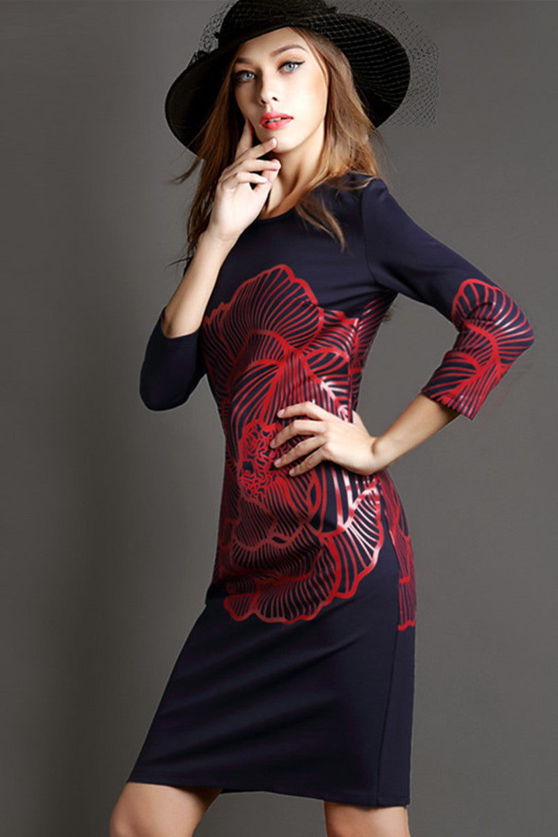 WOMEN'S ELEGANT BOAT NECK 3/4 PRINTING MIDI PARTY DRESS