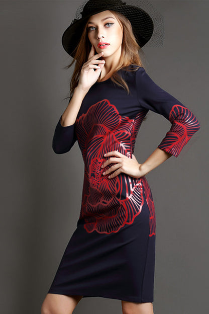 WOMEN'S ELEGANT BOAT NECK 3/4 PRINTING MIDI PARTY DRESS