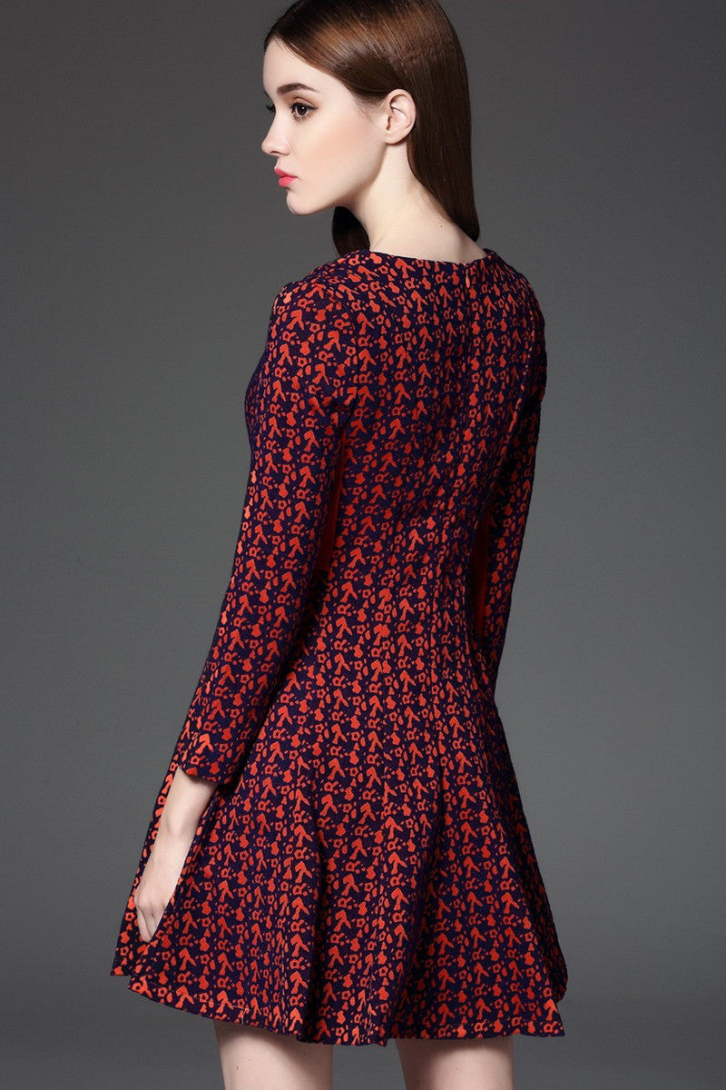 Round Collar Abstract Pattern Color Block Slim Falre Dress