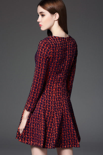 Round Collar Abstract Pattern Color Block Slim Falre Dress