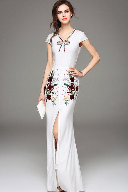 Hollow-Out V Neck Front Slit Embroidery Long Dress