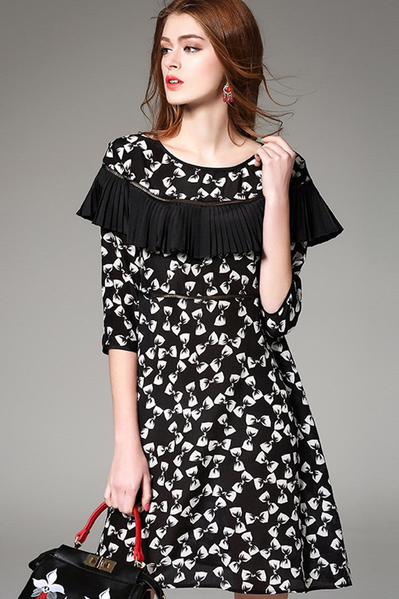 [30% OFF TILL 8 APR] Cute Bow Print Ruffle Pleat Shoulder Half Sleeve Little Back Casual Dress