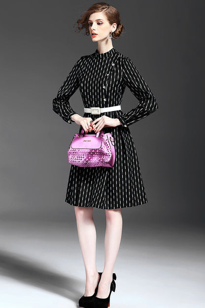 WOMEN'S ELEGANT STAND COLLAR WEAR STRIPE TO WORK MIDI DRESS