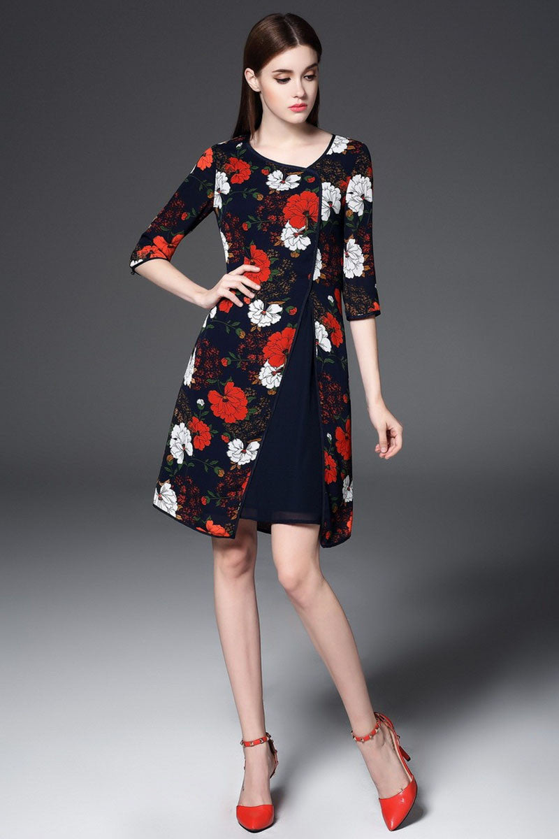 Irregular Neck Floral Pattern Slit Front  Dress