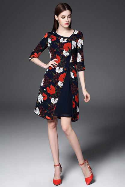 Irregular Neck Floral Pattern Slit Front  Dress