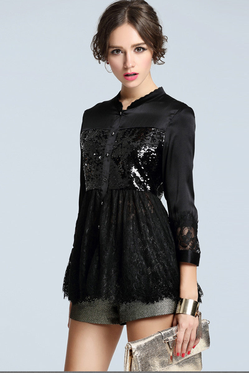 V Neck Sigle Breasted Sequin Hollow Out Lace Blouse