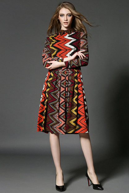 Wave Pattern Lapel Neck Flared Dress - NJOYDRESS - 1