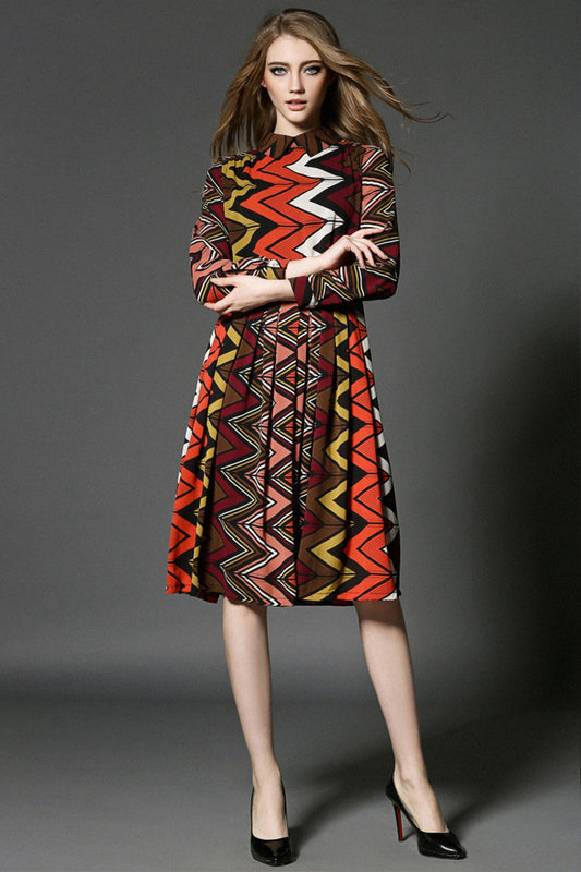 Wave Pattern Lapel Neck Flared Dress - NJOYDRESS - 1