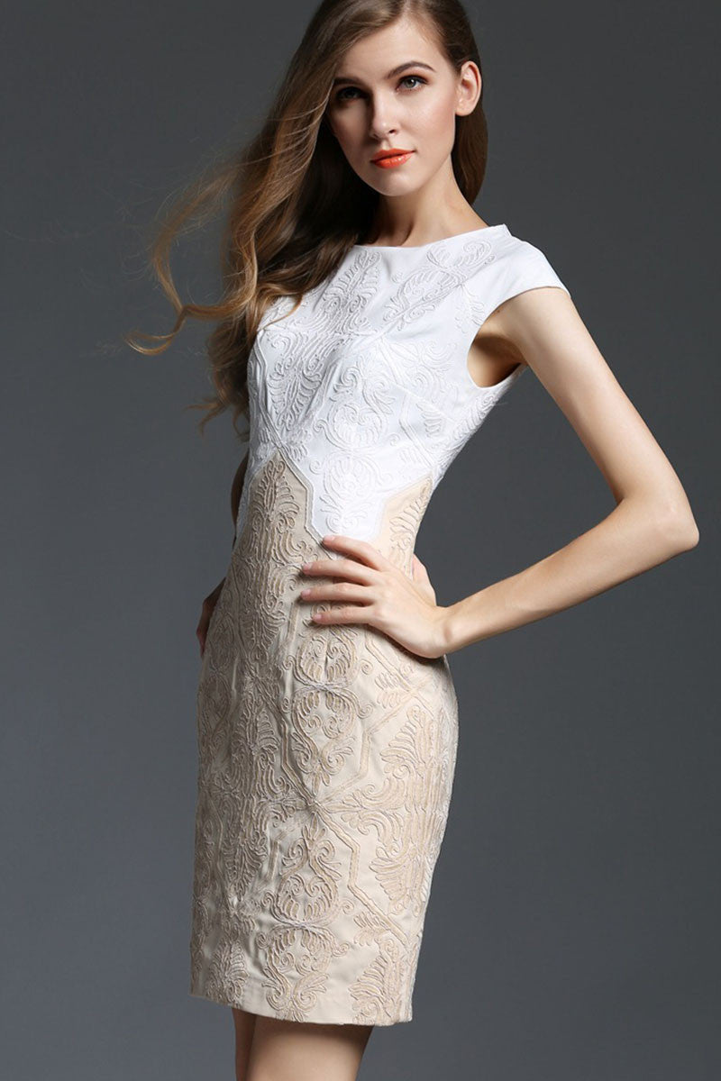 Round Collar Embriodery Short Sleeve Slim Dress