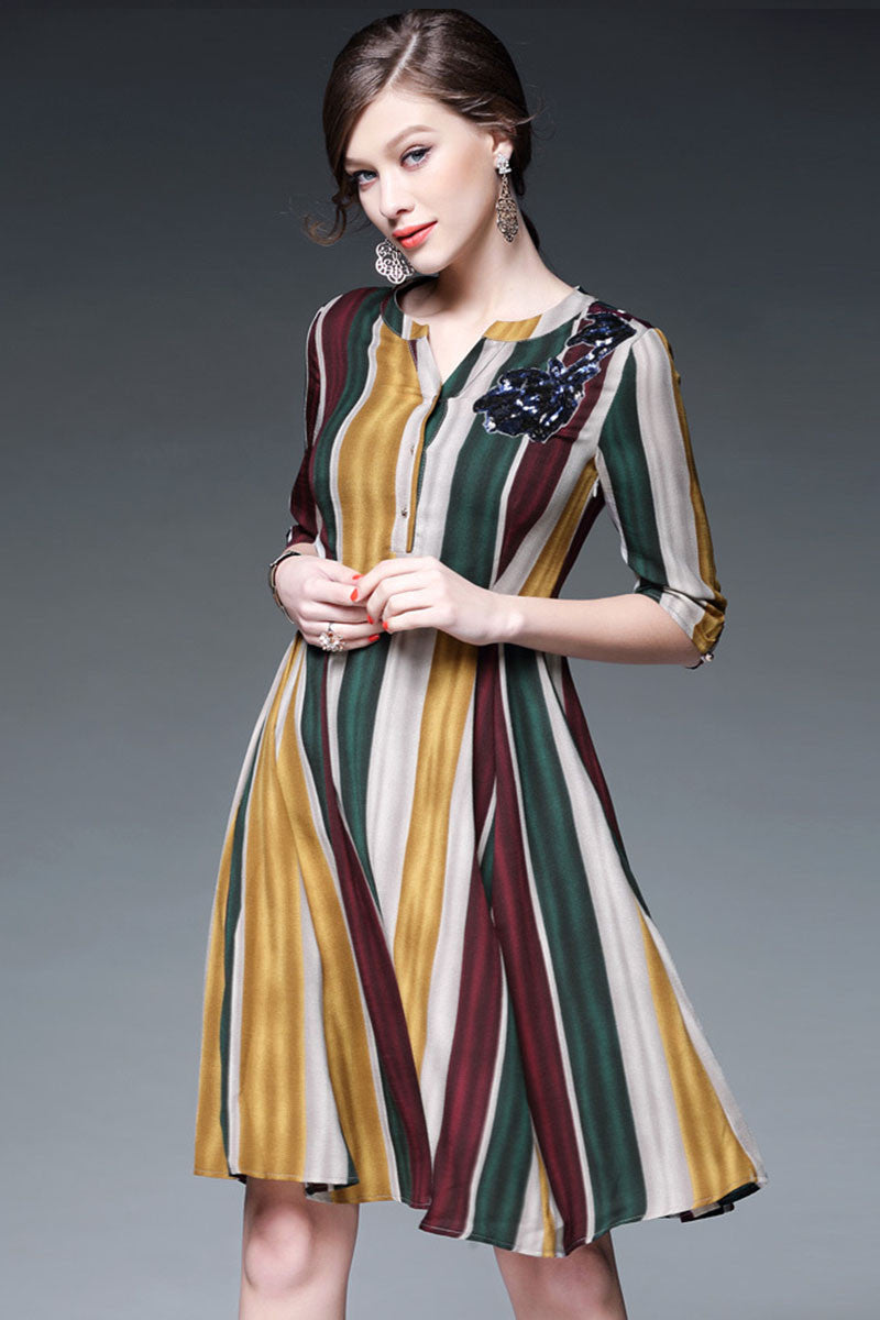 V Neck Scoop Color Vertical Stripe Sequin Patch Dress - NJOYDRESS - 2