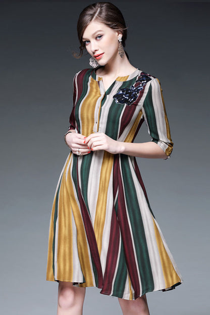 V Neck Scoop Color Vertical Stripe Sequin Patch Dress - NJOYDRESS - 2