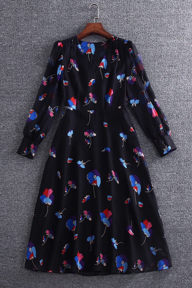 V-Neck Puff Sleeve Flower Printting Chiffon Dress - NJOYDRESS - 2