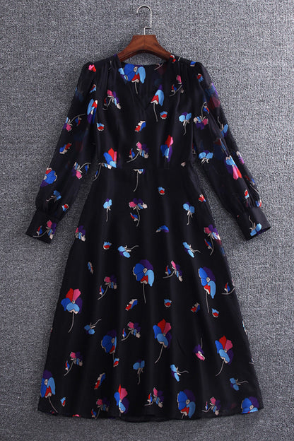 V-Neck Puff Sleeve Flower Printting Chiffon Dress - NJOYDRESS - 2