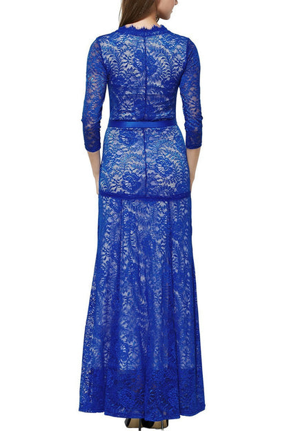 Deep V Neck Lace Applique 2/3 Sleeve Slim Dress