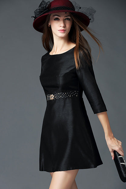 WOMEN'S ELEGANT BOAT NECK SEQUIN BLACK SHORT DRESS WITH BELT