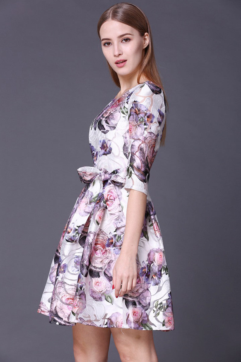 Rose Pattern Short Dress With Bowknot