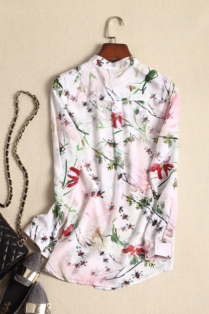 Lacing Stand Collar Floral Print Blouse
