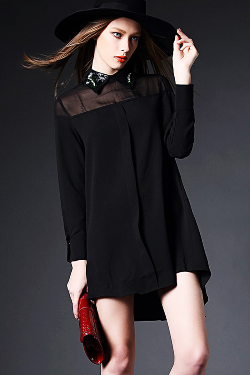Long Button Down Shirts With Sequin Decoration - NJOYDRESS - 2