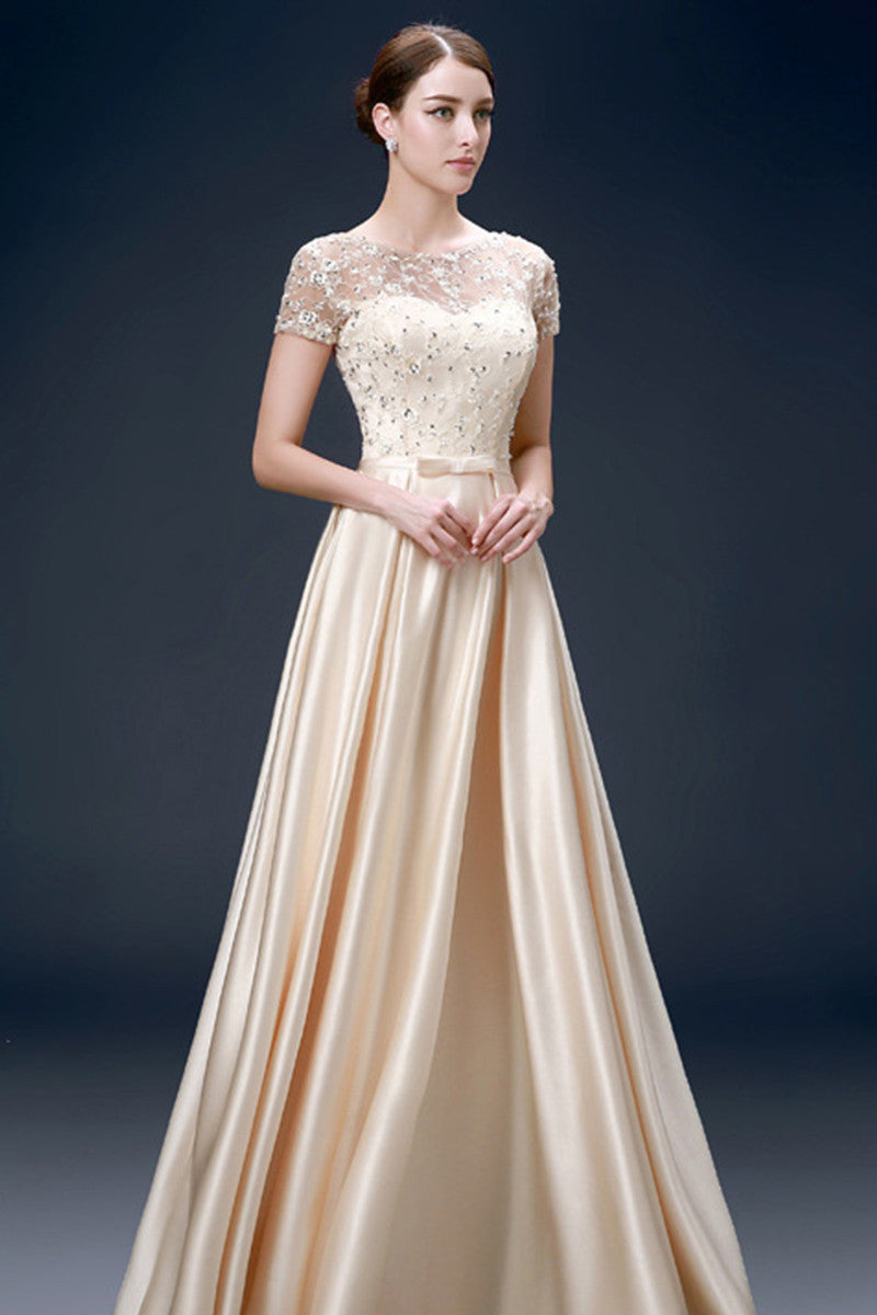 Round Collar Sheer Mesh Beaded Rhinestone Long Dress