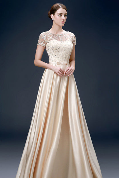 Round Collar Sheer Mesh Beaded Rhinestone Long Dress