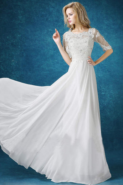 Round Collar Beaded Lace Applique Mid Sleeve Runched Gown Dress