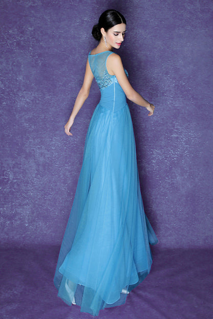Round Collar Sheer Mesh Beaded Rhinestone Tulle Long Dress