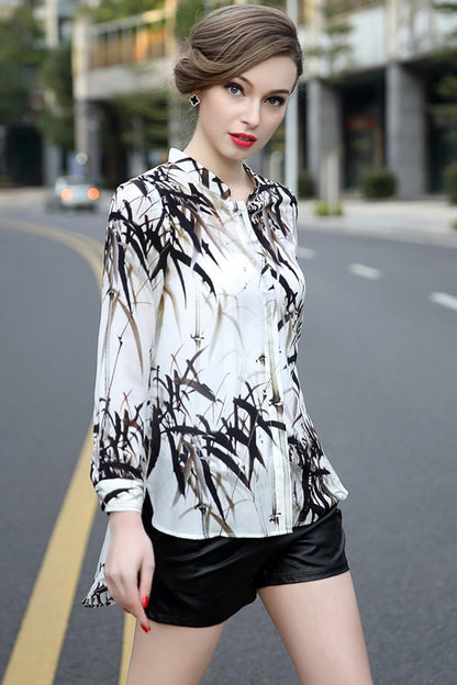Stand Collar Ink Bamboo Print Blouse