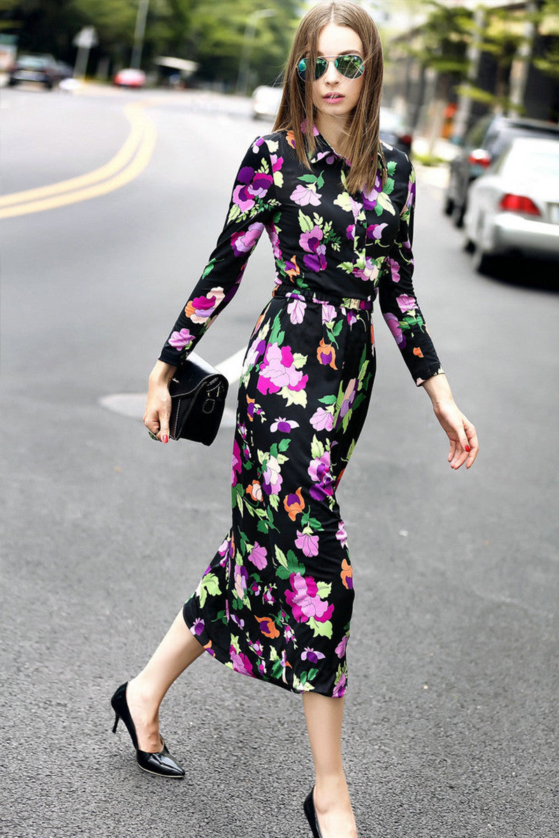 Women's Printing Floral Long Sleeve Dress Casual Polo Neck Slim Dress - NJOYDRESS - 2