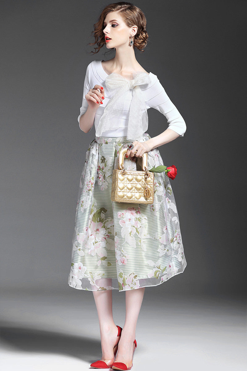 Women's Slim Half Sleeve Boat Neck Knitwear Casual Printing Floral Dress - NJOYDRESS - 2