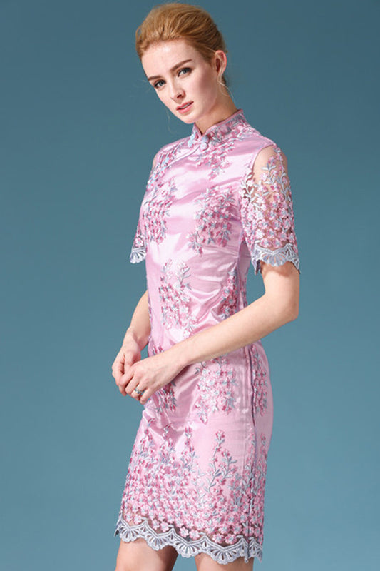 STAND COLLAR SHORT SLEEVE EMBROIDERY BODYCON LACE COCKTAIL DRESS