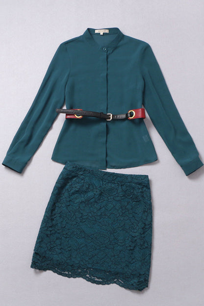 WOMEN'S SLIM LACE LONG SLEEVE STAND COLLAR DRESS WITH BELT