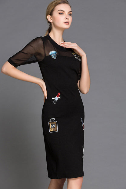 ELEGANT ROUND NECK SHEER PATTERN SLIM MIDI CASUAL DRESS