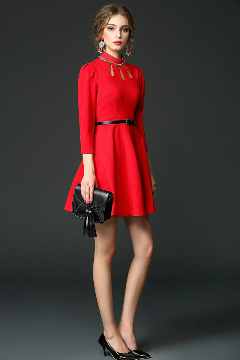 WOMEN'S STAND COLLAR 3/4 SLEEVE GRACE SHORT DRESS WITH BELT