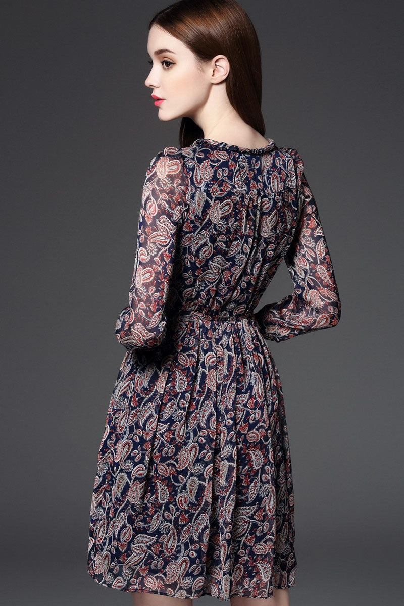 Round Collar  Abstract Floral Print Chiffon Mini Dress