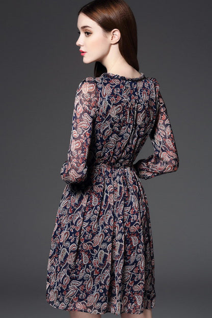 Round Collar  Abstract Floral Print Chiffon Mini Dress